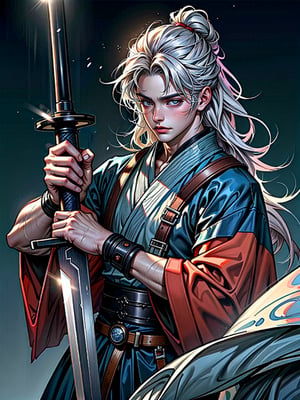 8k, best quality, masterpiece:1.2),(realistic, photo-realistic:1.37),ultra-detailed,((score_9), score_8_up, score_7_up), high quality, high resolution, high precision, solo, One male, looking at viewer, ((have Long sword,Japanese sword,Blue Flame,Reflection of light)), Close-up Background, samurai,Focus,she has the dignity of a general.,overwhelm,ambition,Mizuki_Lin,Hold the sword in front of eyes with both hands,