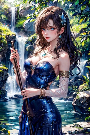 girl, solo, long wavy hair, breasts, looking at viewer, blue eyes, hair ornament, dress, holding, cleavage, bare shoulders, jewelry, medium breasts, closed mouth, outdoors, day, water, necklace, blurry, bracelet, lips, watermark, gem, nature, strapless dress, armlet, partially submerged, blue dress, rock, realistic, holding staff, waterfall,