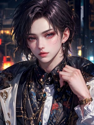 (8k, best quality, masterpiece:1.2),(realistic, photo-realistic:1.37),ultra-detailed,((score_9), score_8_up, score_7_up), high quality, high resolution, high precision, solo, looking at viewer, short hair, shirt, black hair, 1boy, jewelry, jacket, white shirt, upper body, male focus, earrings, black jacket,