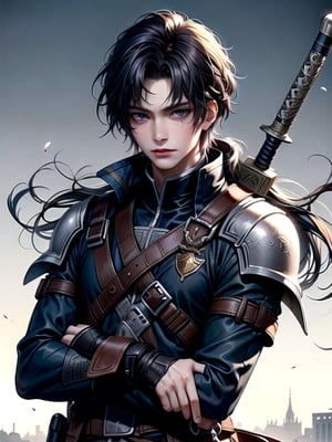 8k, best quality, masterpiece:1.2),(realistic, photo-realistic:1.37),ultra-detailed,((score_9), score_8_up, score_7_up), high quality, high resolution, high precision, 1male, solo, looking at viewer, black hair,  closed mouth, upper body, weapon, outdoors, armor, black eyes, lips, holding sword, Sword, sheath, serious, fighting stance, Major General,1boy