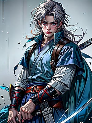 8k, best quality, masterpiece:1.2),(realistic, photo-realistic:1.37),ultra-detailed,((score_9), score_8_up, score_7_up), high quality, high resolution, high precision, solo, One male, looking at viewer, ((have Long sword,Japanese sword,Blue Flame,Reflection of light)), Close-up Background, samurai,Focus,she has the dignity of a general.,overwhelm,ambition,Mizuki_Lin,Hold the sword in front of eyes with both hands,