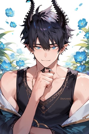 score_9, score_8_up, score_7_up, masterpiece, best quality, 1boy, male focus, ren_zotto, horns, black hair, blue eyes, pointy ears, looking at viewer