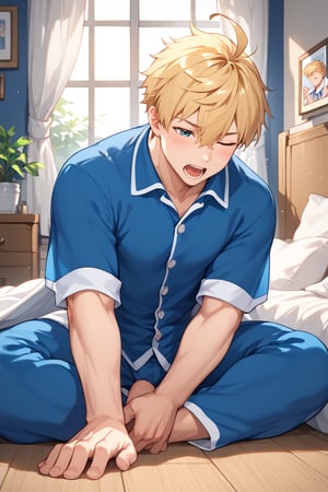 muscle, score_6_up, score_5_up, score_4_up, source_anime, BREAK, hand with five fingers, arthur_pendragon_fate, blonde hair, green eyes, short hair, ahoge, hair between eyes, bangs, two bangs, king arthur, solo, male, family setting, in room, with futon, blanket, pillow, wooden floor, bed, from below, open mouth yawning, muscle, close-up, awesome, High Quality Photo, score_9, score_8_up, score_7_up, male pajamas, split ends, window, light from the window shining in, messy hair, waking up, sitting up, one hand scratching itchy head