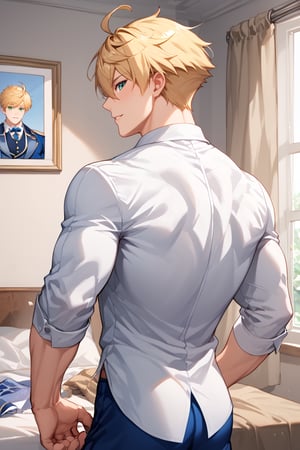 muscle, score_6_up, score_5_up, score_4_up, source_anime, BREAK, hand with five fingers, arthur_pendragon_fate, blonde hair, green eyes, short hair, ahoge, hair between eyes, bangs, two bangs, king arthur, solo, male, indoor setting, indoors, muscle, close-up, awesome, High Quality Photo, score_9, score_8_up, score_7_up, split ends, muscle, uncut, back, action of dressing, men's trousers, long-sleeved men's dress shirt, putting on shirt, View from behind 