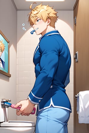 muscle, score_6_up, score_5_up, score_4_up, source_anime, BREAK, hand with five fingers, arthur_pendragon_fate, blonde hair, green eyes, short hair, ahoge, hair between eyes, bangs, two bangs, king arthur, solo, male, indoor background, toilet, sink, looking into the mirror, from below, muscle, close-up, great, High Quality Photo, score_9, score_8_up, score_7_up, men's pajamas, split ends, messy hair after waking up, brushing teeth action, Snoring slightly, Side view, Brushing teeth, One hand Holding a toothbrush, Brushing teeth, Messy hair after waking up,