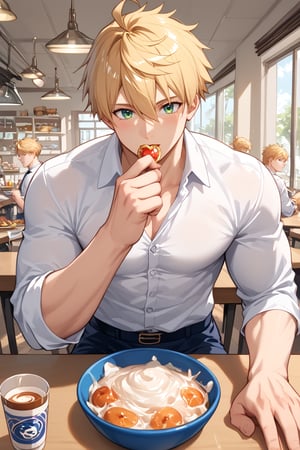 muscle, score_6_up, score_5_up, score_4_up, source_anime, BREAK, hand with five fingers, arthur_pendragon_fate, blonde hair, green eyes, short hair, ahoge, hair between eyes, bangs, two bangs, king arthur, solo, male, muscle, close-up, awesome, High Quality Photo, score_9, score_8_up, score_7_up, split ends, muscle, uncut, background in a breakfast shop, with tables, chairs, customers, sitting at the table, eating breakfast, breakfast action, on the table there is a glass of coffee, a bowl of pho, long-sleeved white shirt for men, pov, many different people, not the same