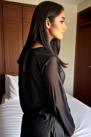 Beautiful , athletic , 23 year old women , long Balck hair , dark brown eyes , wearing a kurta pajama.back side view.