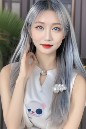 female asian,aeshetic clothes,clothes,jk clothes,cute jk clothes,beads,pearl beads,sanrio accesories,female,silver hair,long silver hair,blue eyes,douyin makeup