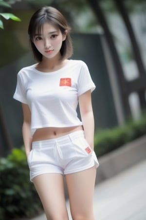 Chinese beautiful girl's shy expression Small white shorts with short sleeves