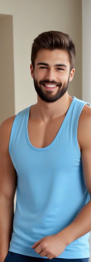 ((A zoomed_out)), full_body capture of Realistic, sexy (Handsome hot young man:1.5)of 26yo standing in a bedroom. 
He wore sleeveless loose tshirt of white colour. (He wore a blue colour brief). His is sleeveless vest is wet. Erect under clothes
Raised arms
Showing underarm hairs
Angular face, hairy underarms,  sideswept hairstyle, short hairs, no_sleeves, trimmed beard  ,little beard 
Smiles, vest, undershirt