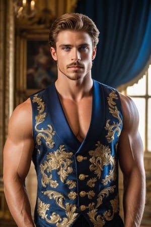 A regal prince, 26 years old and exuding confidence, stands tall in a lavish royal room. His toned physique is showcased in a sleeveless vest, highlighting his broad shoulders and chiseled arms. A hint of vulnerability peeks through as he gazes down, his piercing blue eyes seeming to hold secrets. He wears a bold blue brief that accentuates his athletic build, as if daring anyone to look away. The framing captures the grandeur of the room, with ornate tapestries and gilded accents reflecting off his gleaming skin.