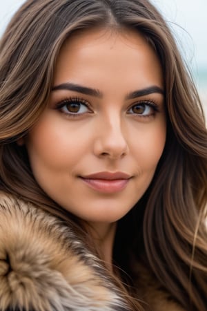 arafed woman with long brown hair and a fur coat, stunning closeupheadshot, closeup headshot portrait, soft portrait shot 8 k, close up face female portrait, cinematic headshot portrait, 60mm portrait, 50mm portrait, 70 mm portrait, full face close up portrait, medium close up portrait, close up face portrait, smile, brown hair and large eyes, in the beach wearing a bikini in full boday, sharp focus, volumetric fog, 8k UHD, DSLR, high quality, film grain, Fujifilm XT3,