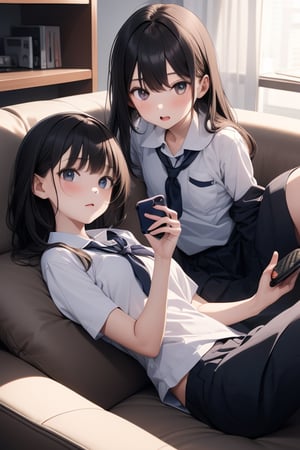 2girl,  lying, couch, cellphone, holding mobile phone,school uniform