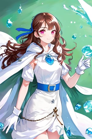 1 girl, single. ,
Gentle face, rosy cheeks, bright eyes, long brown hair, wavy hairstyle.
White robe, light blue ribbon, white gloves, flat shoes, silver chain, sapphire pendant. ,
Green background, looking at viewer, blur, eyelashes. ,
Good quality, light particles, water droplets. ,
Anime art style. ,
((Masterpiece: 2)),
((stunning_image:1.5)).