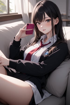 1girl,  lying, couch, cellphone, holding mobile phone,school uniform