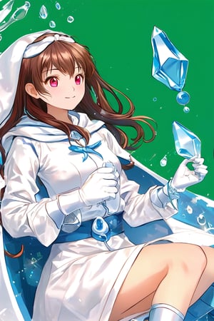 1 girl, single. ,
Gentle face, rosy cheeks, bright eyes, long brown hair, wavy hairstyle.
White robe, light blue ribbon, white gloves, flat shoes, silver chain, sapphire pendant. ,
Green background, looking at viewer, blur, eyelashes. ,
Good quality, light particles, water droplets. ,
Anime art style. ,
((Masterpiece: 2)),
((stunning_image:1.5)).