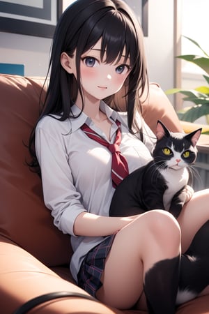 1girl,  lying, couch, cellphone, holding mobile phone,school uniform,cat,holding cat,otoko no ko