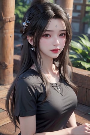 1girl, solo, long hair, looking at viewer, smile, brown hair, shirt, black hair, brown eyes, jewelry, sitting, upper body, short sleeves, necklace, blurry, lips, black shirt, blurry background, facial mark, forehead mark, realisti, flower over mouth