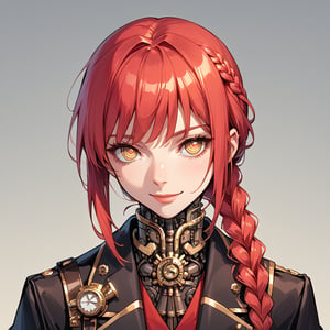 makima, braided ponytail, ringed eyes,formal, (), steampunk,,score_9,score_8_up,score_7_up,score_6_up,score_5_up,score_4_up,source_anime,BREAK,androidcyborg, solo girl,,arm0rpunkv4,god of steampunk engines on background,minimal smile