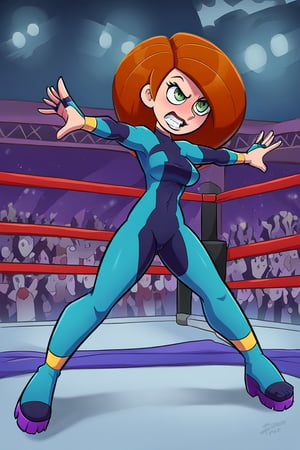 Kim Possible stands tall in the center of the wrestling ring, her confident gaze directed at the camera as she flexes her toned physique beneath a gleaming yellow and blue bodysuit. The crowd's fervent cheers and chants echo through the arena as she readies herself for battle, her determined expression radiating a sense of unyielding spirit. The bright lights cast a warm glow on her athletic build, while the surrounding ring ropes provide a sharp contrast to her vibrant attire.