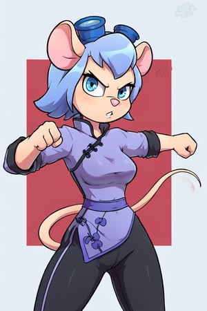 Solo, Furry female, mouse, Gadget Hackwrench beams at the camera, chinese clothes, light blue tangzhuang, black pants, epic kung fu pose,