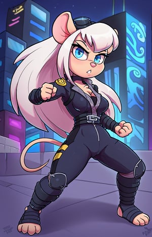 Solo, Furry, girl, mice, Long white hair, blue eyes, fighting pose. wearing a red and black ninja outfit, Outfit, With the words saying EM on her yellow badge on her left chest. Night blue trousers. City street background. She likes Listen to the music of a Nsync, Holding a ninja sword on her right hand.