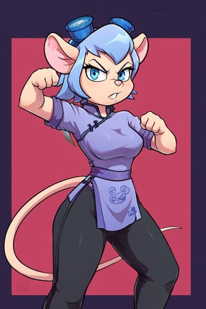 Solo, Furry female, mouse, Gadget Hackwrench beams at the camera, chinese clothes, light blue tangzhuang, black pants, epic kung fu pose,