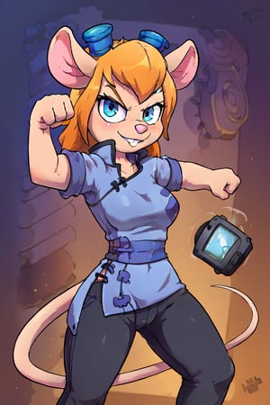 Solo, Furry female, mouse, Gadget Hackwrench beams at the camera, chinese clothes, light blue tangzhuang, black pants, epic kung fu pose,