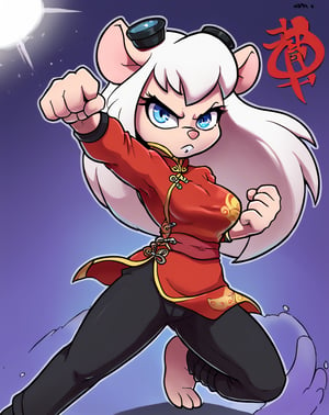 Solo, Furry, girl, mice, Long white hair, blue eyes, beams at the camera, chinese clothes, dark red tangzhuang, black pants, epic kung fu pose, night sky in background.