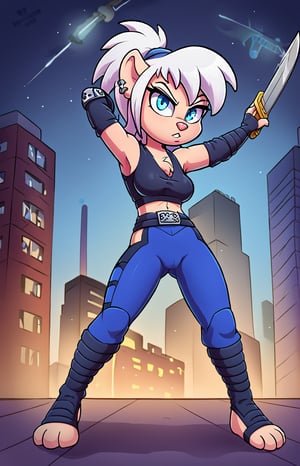 A lone, furry girl stands defiantly against a city street backdrop at dusk, her long white hair flowing in the night breeze. Her piercing blue eyes gleam with determination as she assumes a fighting pose, ninja sword held aloft in her right hand. A red and black ninja outfit clings to her athletic physique, with the words EM emblazoned on a yellow badge on her left chest. Night-blue trousers blend seamlessly into the urban surroundings. In this gritty, high-energy scene, our heroine's gaze seems to say: I'm ready for battle - and maybe even bust out some NSYNC moves later.