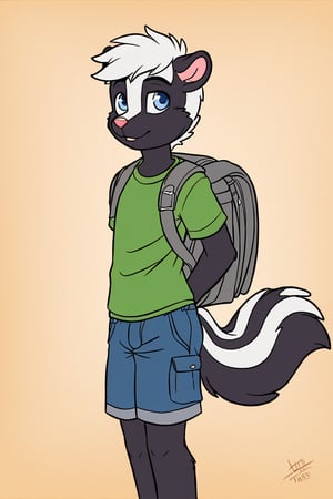 90's style cartoon, solo, male skunk, age: 13, black fur, short white hair, blue eyes, tail, wearing a green t shirt and blue shorts, backpack, class room in background. 