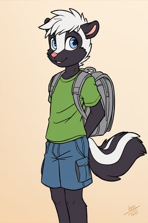 90's style cartoon, solo, male skunk, age: 13, black fur, short white hair, blue eyes, tail, wearing a green t shirt and blue shorts, backpack.