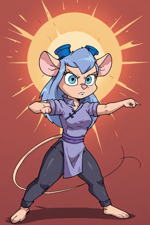 Solo, Furry female, mouse, standing, Gadget Hackwrench beams at the camera, chinese clothes, light blue tangzhuang, black pants, epic kung fu pose, sun rises in background.