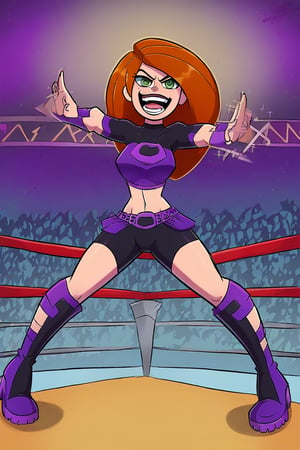 Confident Kim Possible stands tall in a vibrant yellow and blue wrestling attire, her toned physique accentuated by the sleek costume. The bright lights of the packed arena illuminate her determined expression as she confidently struts into the wrestling ring, the roaring crowd's cheers and chants filling the air.