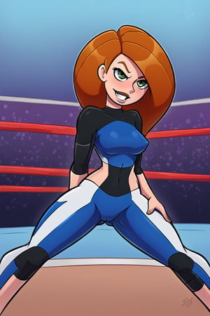 Kim Possible poses confidently in a sexy yellow and blue wrestling suit, she entered the wrestling ring ready to fight.