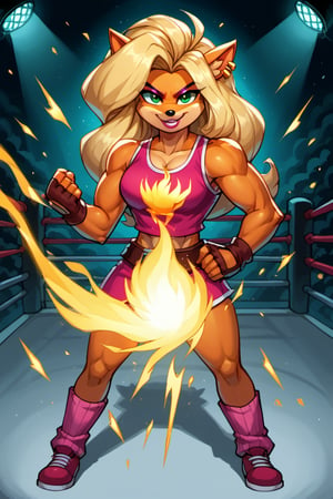 Here's a prompt that captures the essence of your description:

A close-up shot of Tawna Bandicoot standing triumphantly in a dimly lit boxing ring. Softbox lights from above cast a warm glow on her bronzed skin and toned physique, highlighting her confident pose with fists raised high. Her bright smile beams like a ray of sunshine, radiating determination and fiery spirit as she prepares to take on her opponents. The camera frames her powerful stance, emphasizing the unapologetic display of her physical strength.