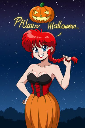 Ranma-chan stands majestically under the starry night sky on a spooky Halloween evening. Her striking red locks are tied back in a single braid, accentuating her radiant blue eyes. She wears an alluring vampire queen costume, showcasing her ample bosom. A playful smile spreads across her face as she greets the viewer with Happy Halloween everyone! The soft glow of jack-o'-lanterns and twinkling stars illuminate the scene, casting a warm ambiance over this sultry solo shot.