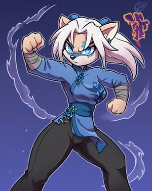 A solo, furry, girl with long white hair and piercing blue eyes beams directly at the camera. chinese clothes, A mix of yellow and blue wolverine style tangzhuang, black pants, epic kung fu pose, night sky in background.