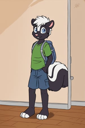 90's style cartoon, solo, male skunk, age: 13, black fur, short white hair, blue eyes, tail, wearing a green t shirt and blue shorts, backpack, class room in background.