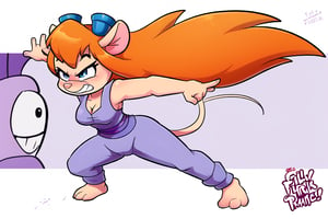 A solo close-up shot of Gadget Hackwrench, a skilled and agile rodent, standing proudly in a kung fu stance, wearing a striking red sleeveless top paired with dark blue martial arts trousers. Her fur glistens in the urban streets' backdrop, where she's ready to take on any bad guys that come her way.