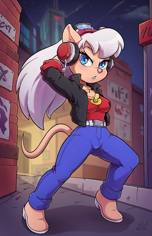 Retro 80's style cartoon, Solo, Furry, girl, mice, long tail, Long white hair, blue eyes, fighting pose. wearing a red and black jacket Outfit, With the words saying EM on her yellow badge on her left chest. Night blue trousers. City street background. She wears a headphones in her ears so she can listen to the music of a new kids on the block,  Alleyway in background.