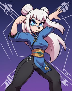 A solo, furry, girl with long white hair and piercing blue eyes beams directly at the camera. chinese clothes, A mix of yellow and blue style tangzhuang, black pants, epic kung fu pose, night sky in background.