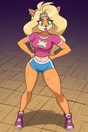 Tawna bandicoot strides confidently across the dimly lit gym floor, her athletic physique glowing with a subtle sheen of sweat. The stark contrast between the darkness and her radiant skin creates an air of drama as she walks solo, unaware of the shocked expressions on the faces of those around her. The only hint of modesty is the headband adorning her brow, but Tawna's boldness in her nudity suggests she revels in the attention, her gaze fixed on some unseen point ahead.