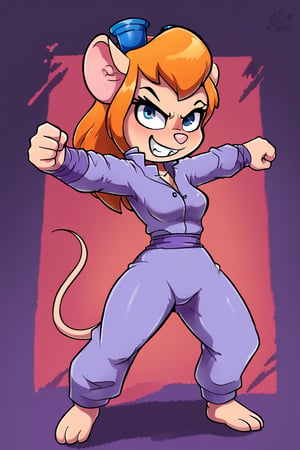 Furry, girl, Gadget Hackwrench, solo. rodent, kung fu pose, wearing a red colour kung fu outfit. Ready to fight bad guys.