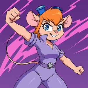 Furry, girl, Gadget Hackwrench, solo. rodent, kung fu pose, wearing a pink power ranger outfit. Ready to fight bad guys. Streets background.