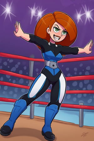 Kim Possible poses confidently in a sexy yellow and blue wrestling suit, she entered the wrestling ring ready to fight, cheering crowds in background.