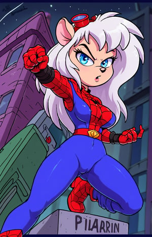 Retro 90's cartoon, Solo, Furry, girl, mice, Long white hair, blue eyes, fighting pose. wearing a red and blue spider man style ninja outfit, Outfit, With the words saying EM on her yellow badge on her left chest. Night blue trousers. City street background. She likes Listen to the music of a Nsync, Holding a ninja sword on her right hand.