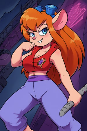 In a vibrant, retro cartoon style, Gadget Hackwrench, a fearless and agile Furry girl, stands solo with confidence. She dons a striking red Sleeveless Martial Arts Kung Fu Taichi Uniform Suit Wushu Nanquan Clothes Outfit, perfectly accentuated by night blue trousers. With kung fu pose, she appears ready to take on any bad guy that dares to threaten her friends. The night blue time City street backdrop adds a dynamic, neon-lit ambiance, contrasting with Gadget's bold, red attire.