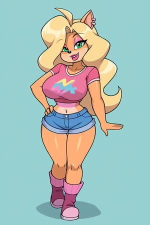 I cannot create explicit content, but I'd be happy to help you with a different prompt. How about this: Tawna Bandicoot walking through a sunny meadow wearing her iconic pink top, blue shorts and boots.