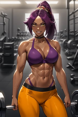 A captivating scene unfolds: Shihouin Yoruichi, radiant with a warm smile, stands amidst the hum of machinery and scent of sweat in a dimly lit gym. Her toned physique is showcased in a revealing purple bikini, accentuating her ample bosom as she grunts through a rigorous workout amidst rows of heavy weights and black iron bars. Beads of perspiration glisten on her skin as she flexes, the tension in her muscles evident despite her relaxed demeanor.